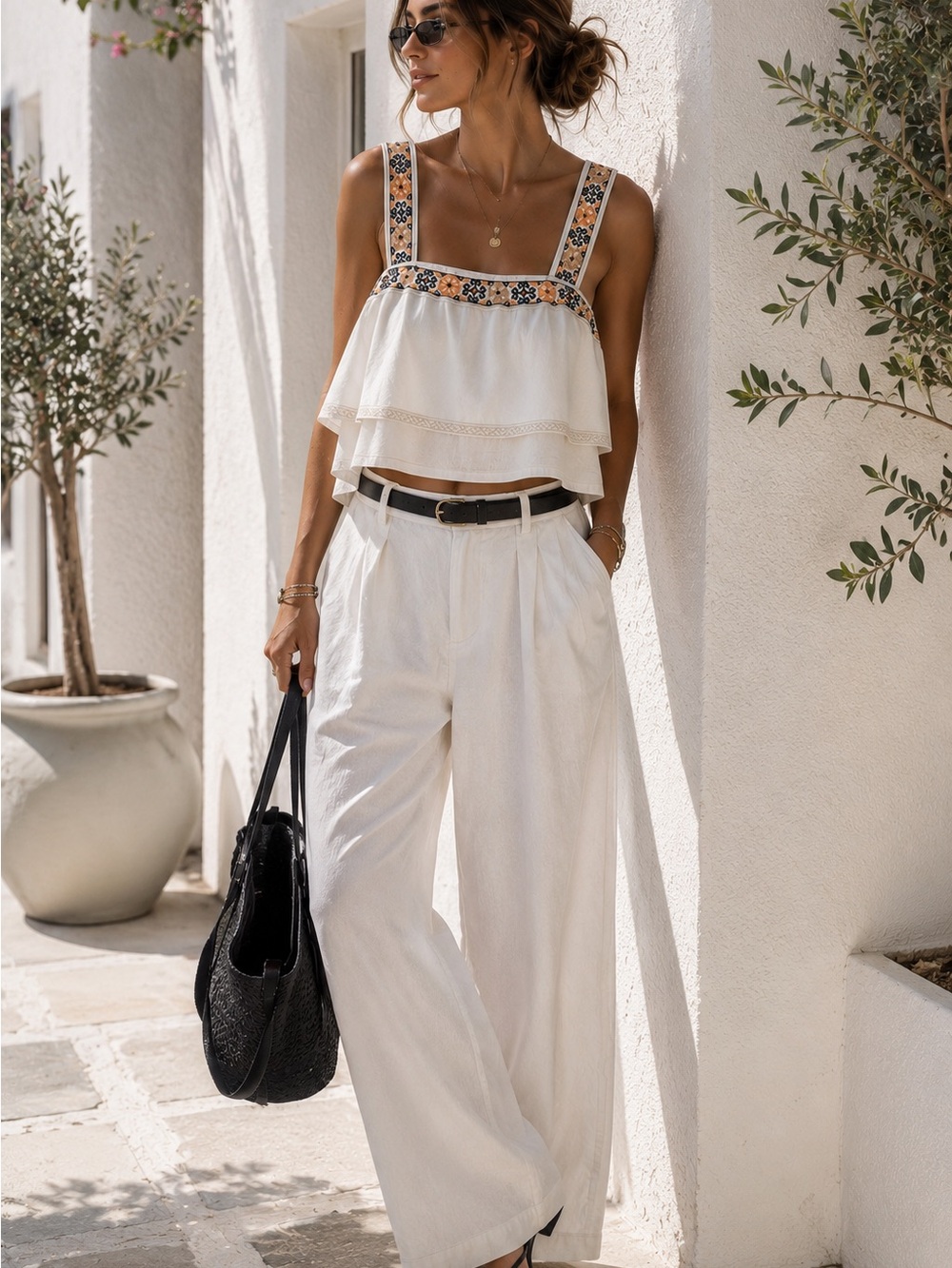 Madewell Ivory Embroidered Tiered Crop Tank Top XS